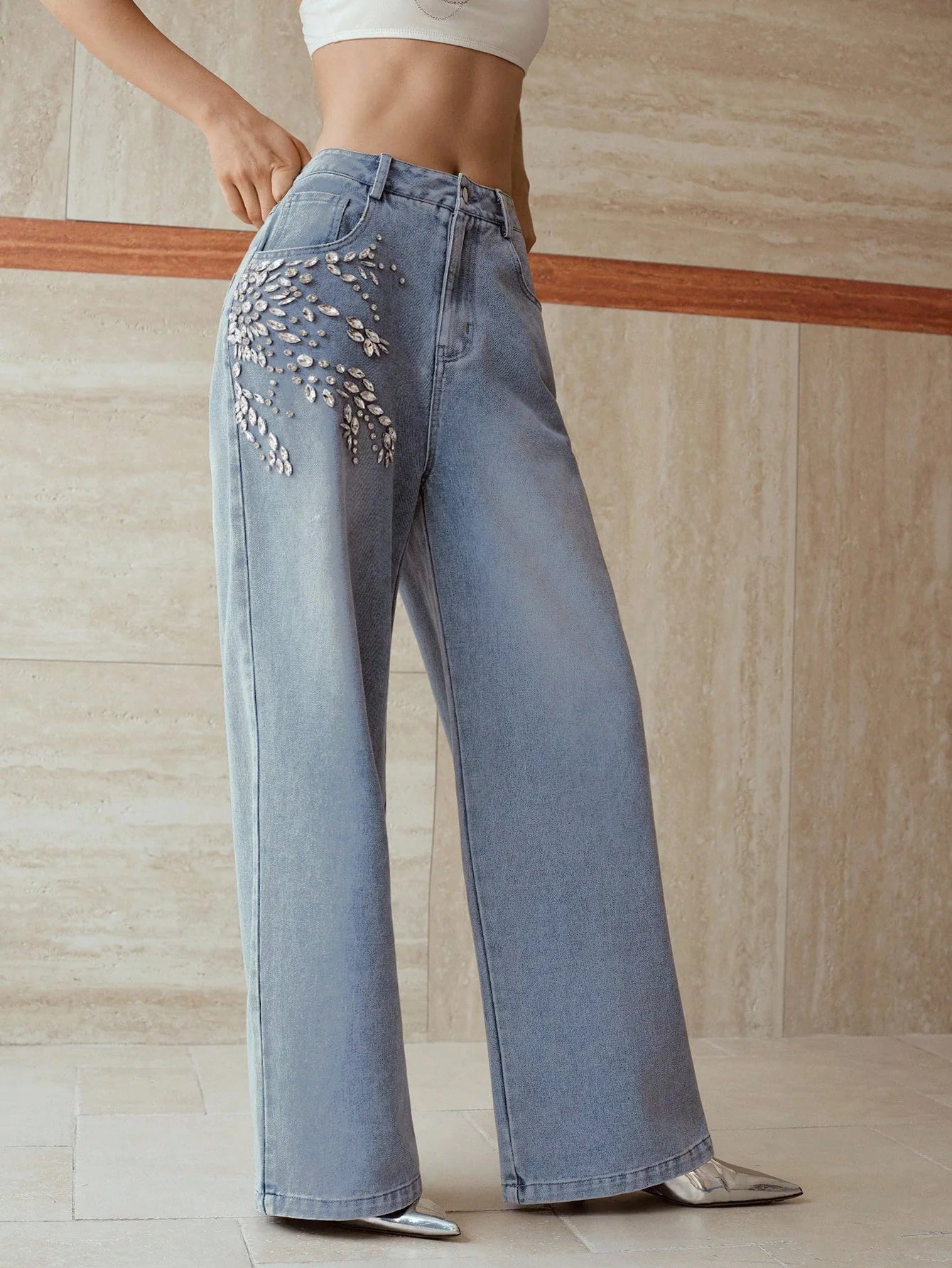 Crystal Vine Rhinestone Embellished Wide Leg Jeans for Women | Ice Blue Sparkly Party Denim