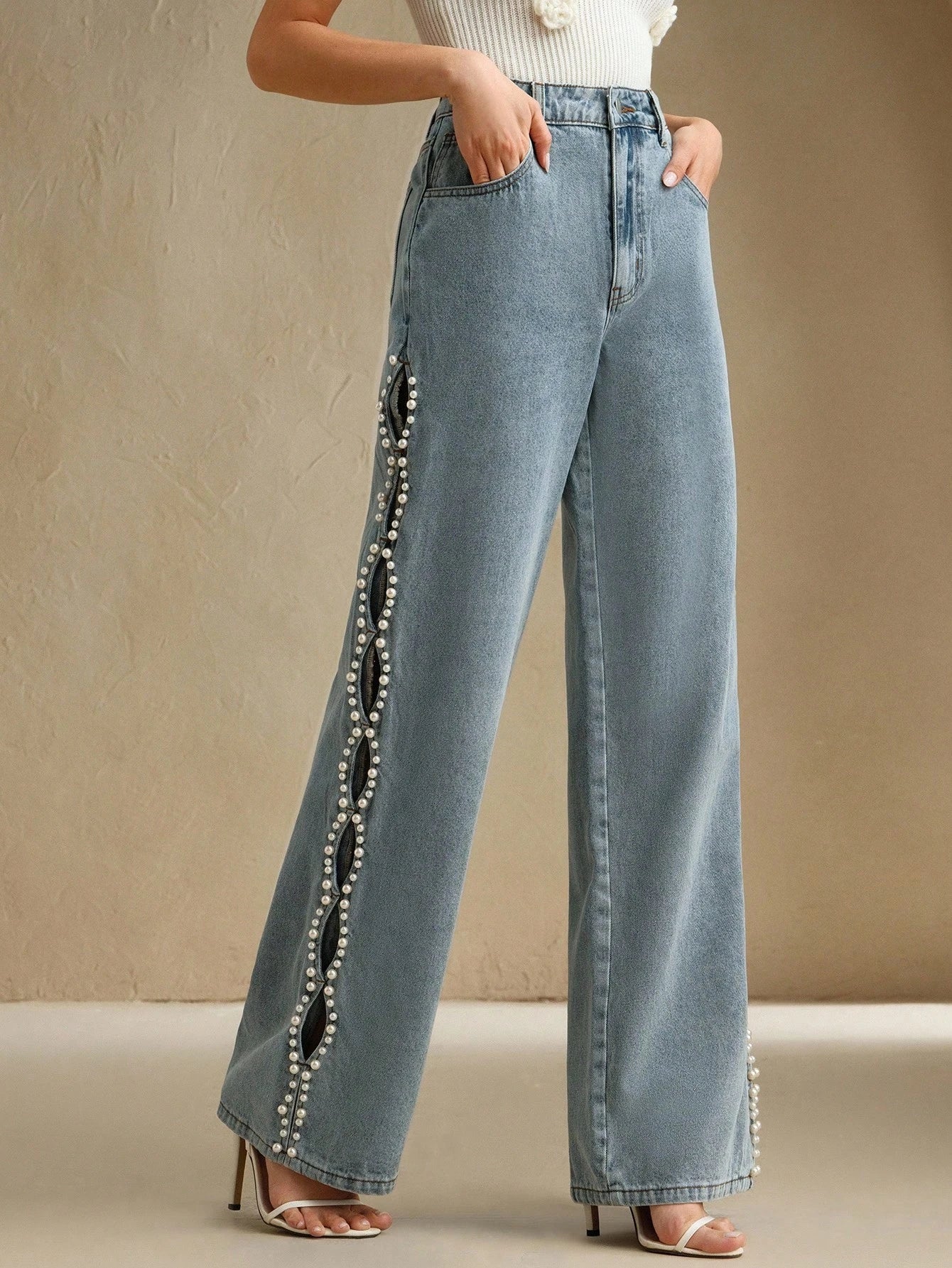 Ophelia Pearl Embellished Wide Leg Jeans for Women | Ice Blue Romantic Chic Denim