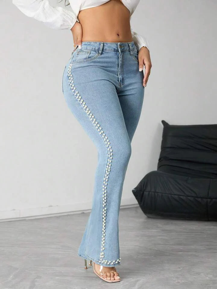 Sophia High Rise Pearl Embellished Boot Cut Jeans for Women | Classic Elegant Flared Denim