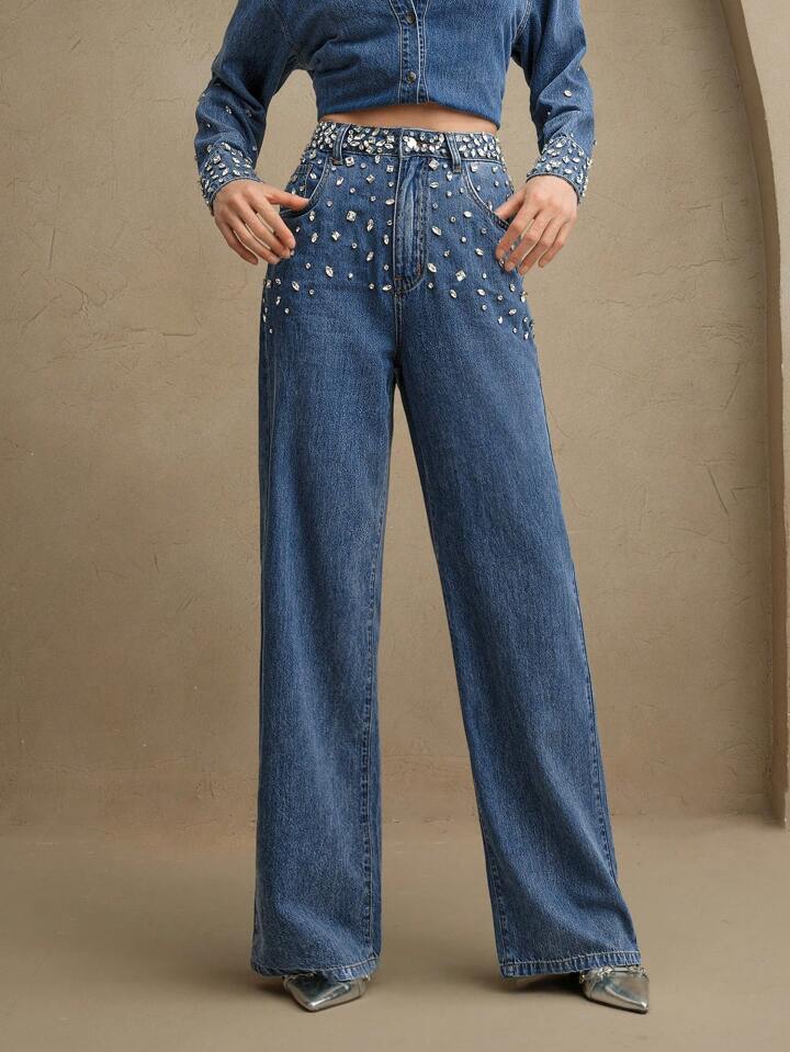 Midnight Dazzle Band Rhinestone Wide Leg Jeans for Women | High Rise Statement Party Denim