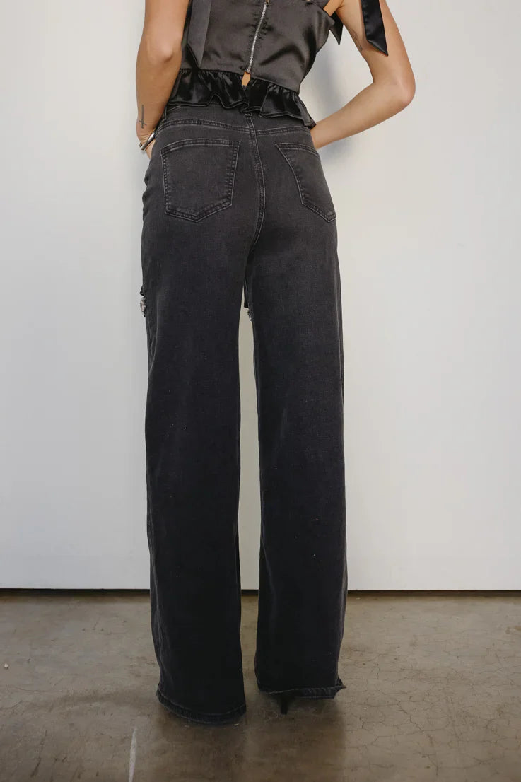Obsession Noir Embellished Wide Leg Cut Out Jeans for Women | Black Bold Statement Party Denim