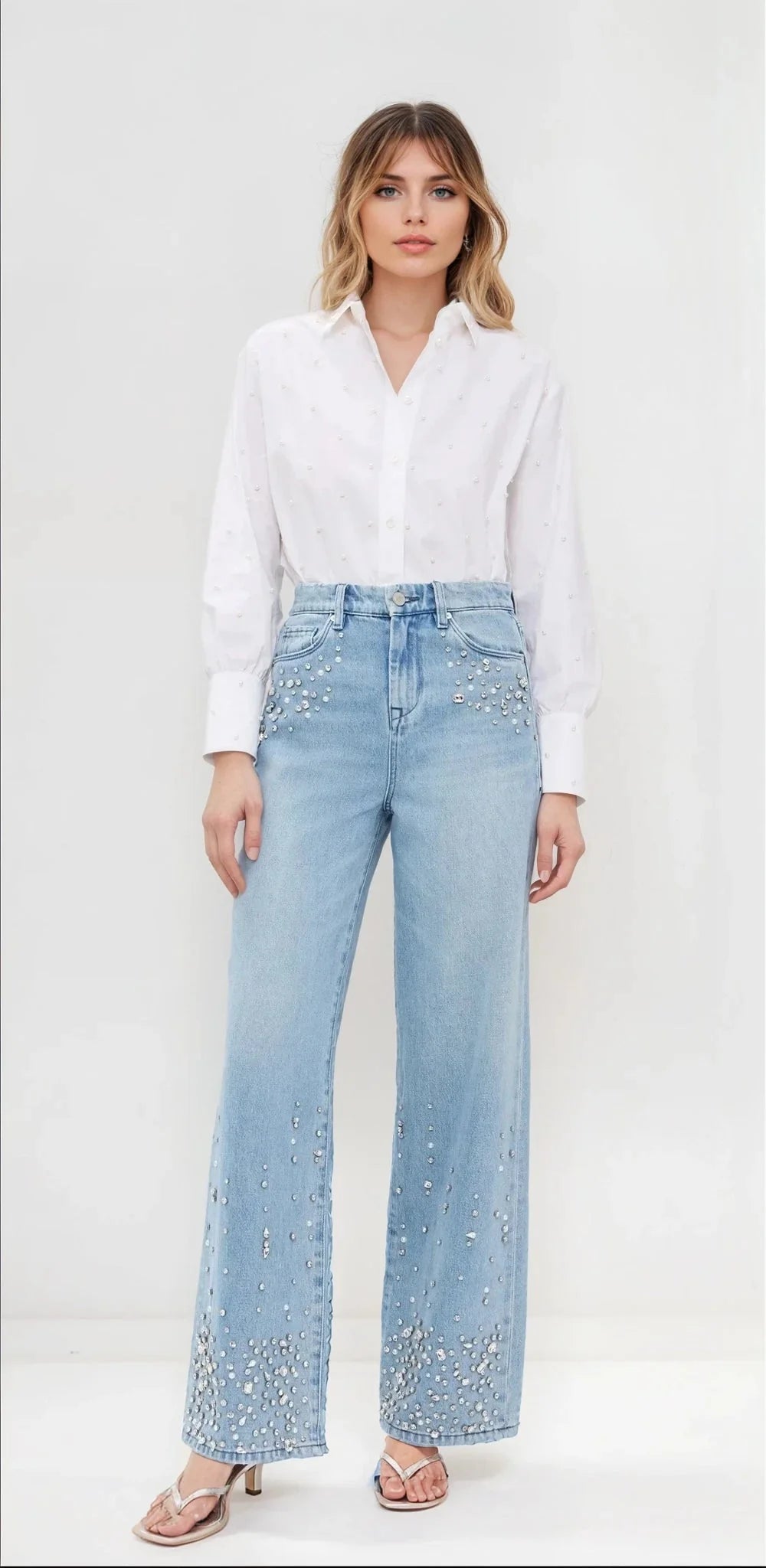 Bling It On Rhinestone Embellished Wide Leg Jeans for Women | Sparkly Party Wear Denim