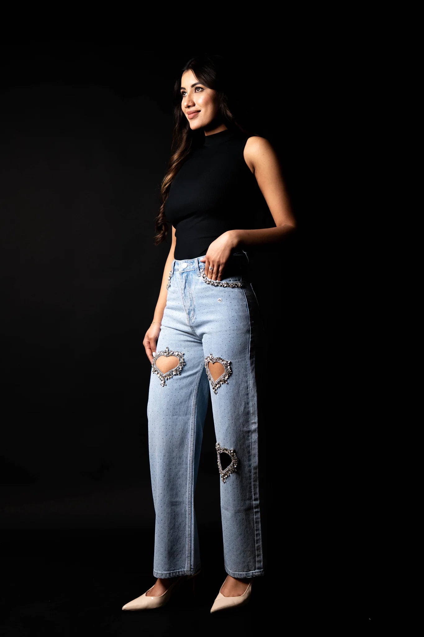 Cupid’s Charm Rhinestone Embellished Cut Out Jeans for Women | Ice Blue Trendy Party Denim