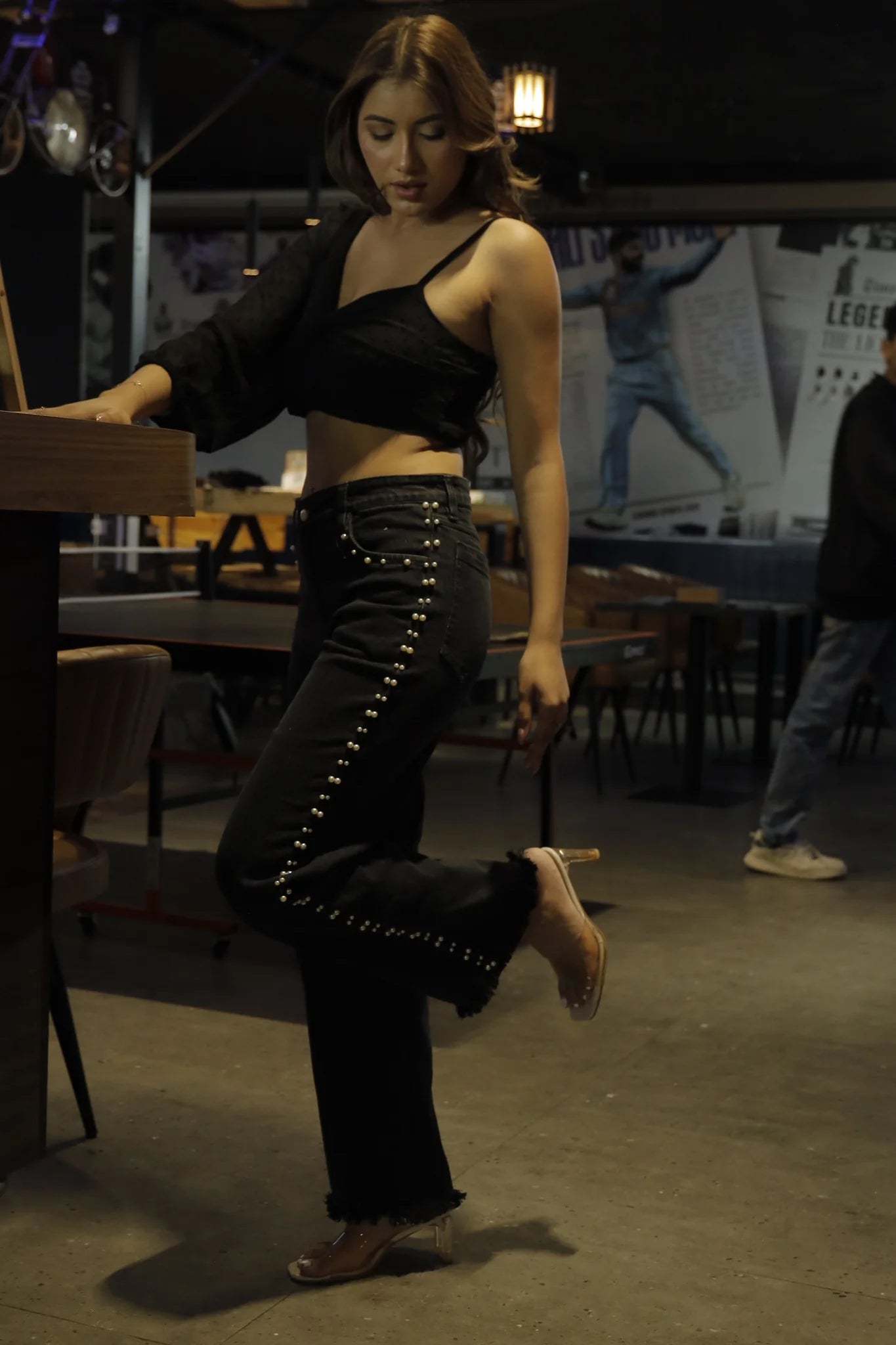 Myra High Rise Pearl Embellished Wide Leg Jeans for Women | Chic Black Statement Denim