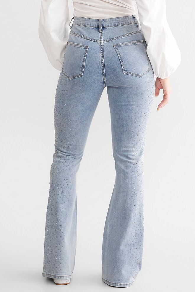 High Rise Rhinestone Embellished Boot Cut Flared Jeans for Women | Ice Blue Trendy Party Denim