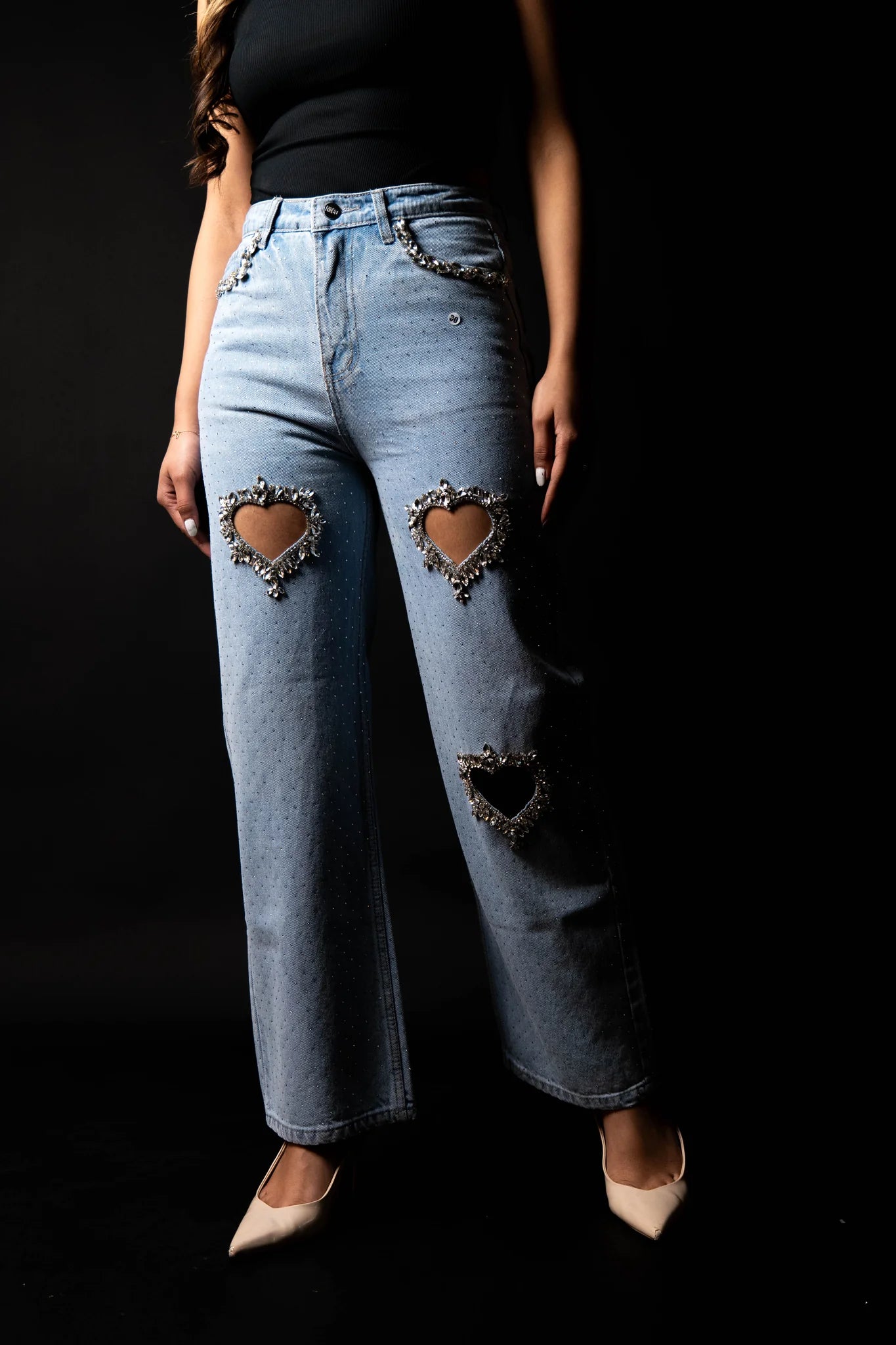 Cupid’s Charm Rhinestone Embellished Cut Out Jeans for Women | Ice Blue Trendy Party Denim