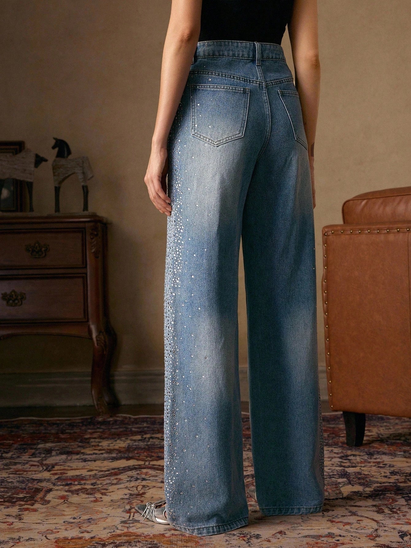 Mira Rhinestone Embellished Wide Leg Jeans for Women | Ice Blue Effortless Glam Denim