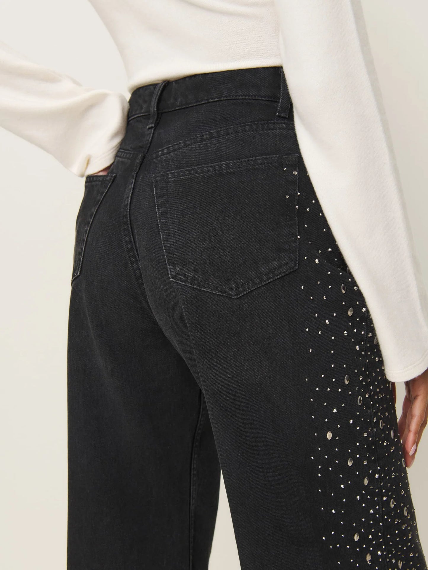Celeste Noir High Rise Rhinestone Embellished Wide Leg Flared Jeans for Women | Black Night Glam Denim