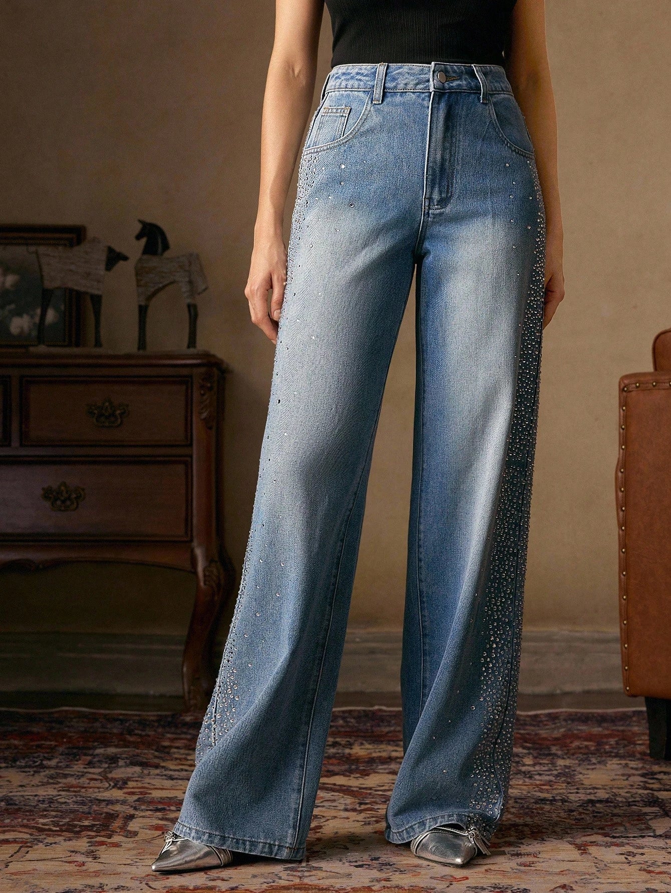 Mira Rhinestone Embellished Wide Leg Jeans for Women | Ice Blue Effortless Glam Denim