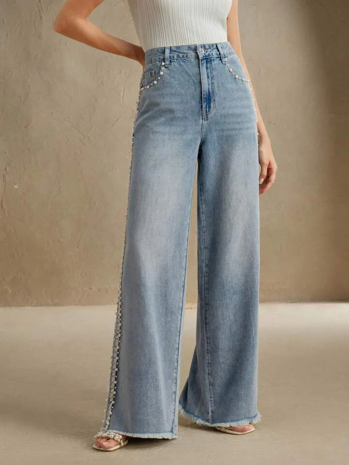 Lea - Pearl Embellished Wide Leg Jeans - Ice Blue