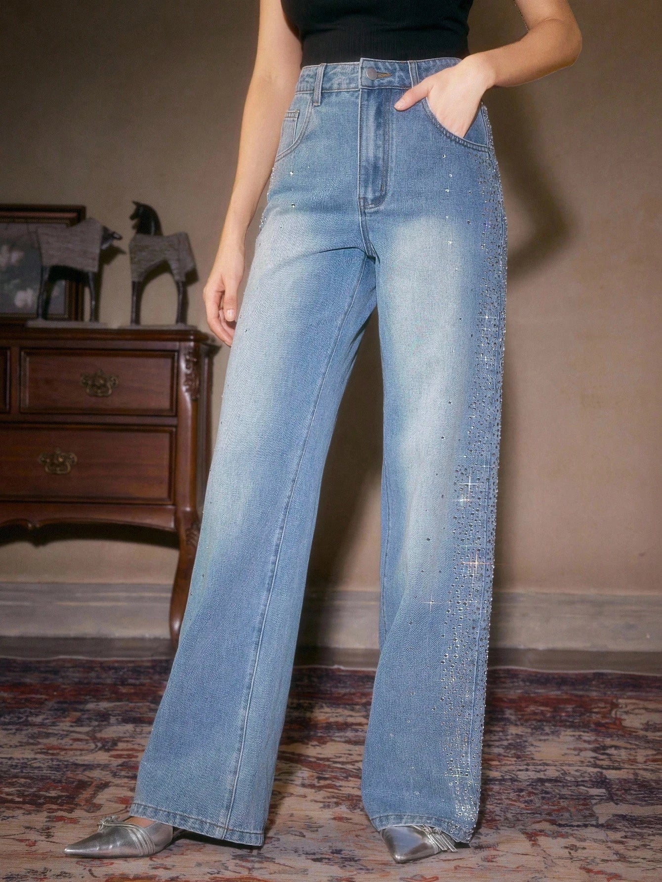 Mira Rhinestone Embellished Wide Leg Jeans for Women | Ice Blue Effortless Glam Denim