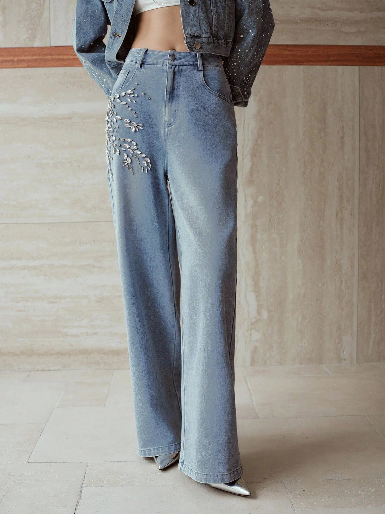 Crystal Vine Rhinestone Embellished Wide Leg Jeans for Women | Ice Blue Sparkly Party Denim