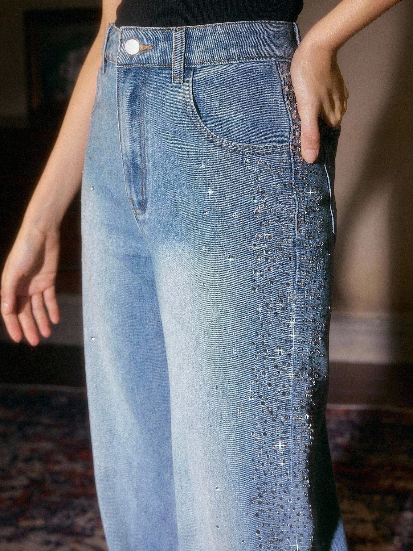 Mira Rhinestone Embellished Wide Leg Jeans for Women | Ice Blue Effortless Glam Denim