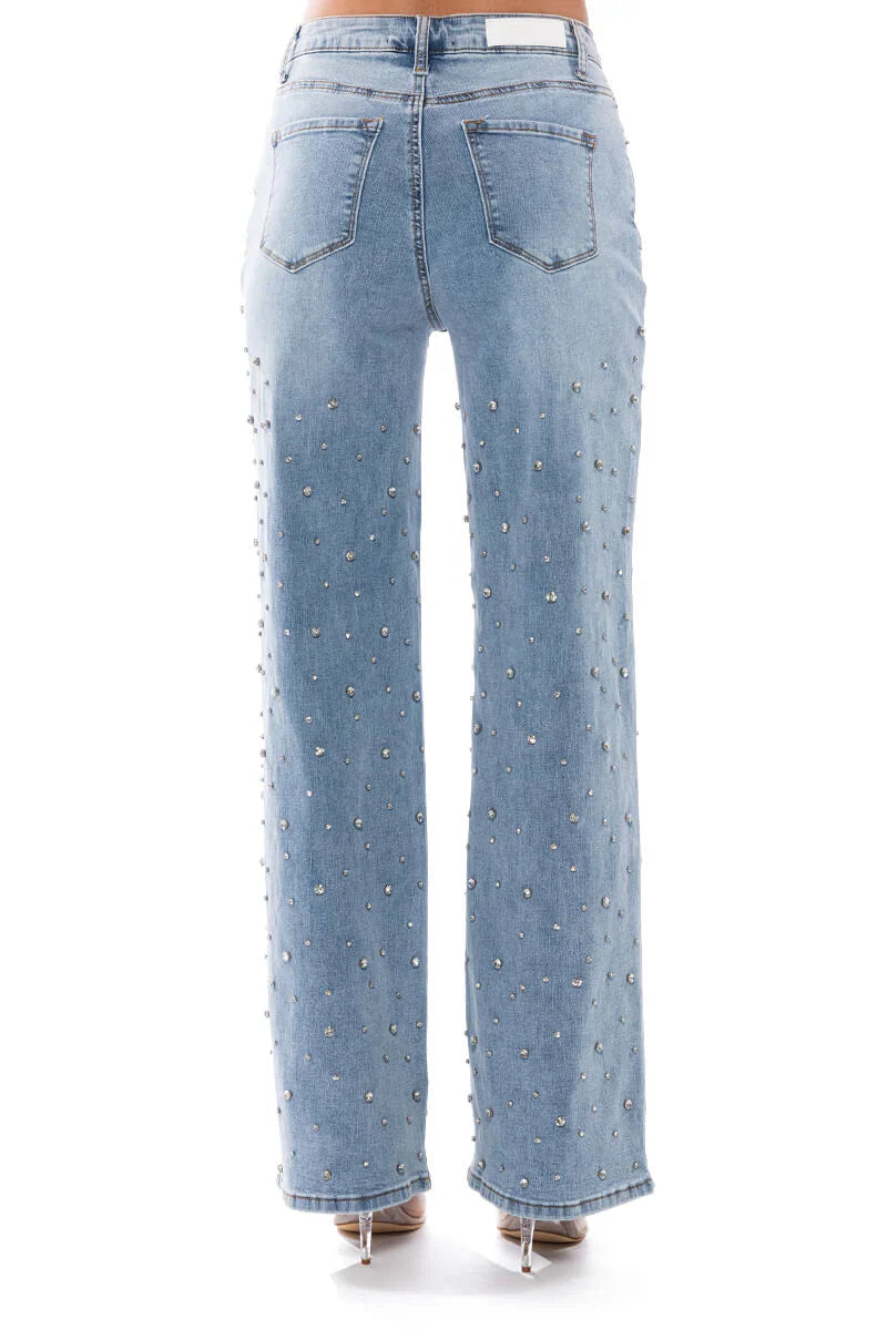 Lumière Rhinestone Embellished Wide Leg Jeans for Women | Glam Sparkle Statement Denim