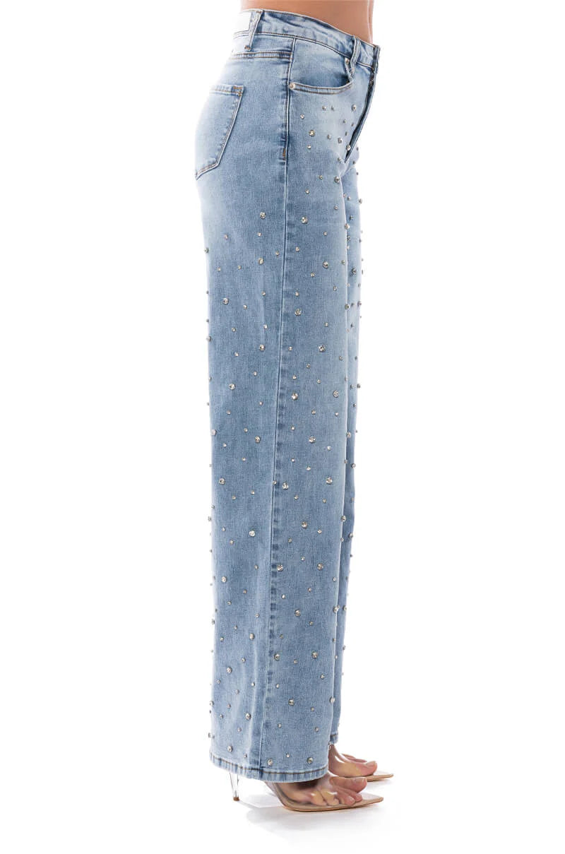 Lumière Rhinestone Embellished Wide Leg Jeans for Women | Glam Sparkle Statement Denim
