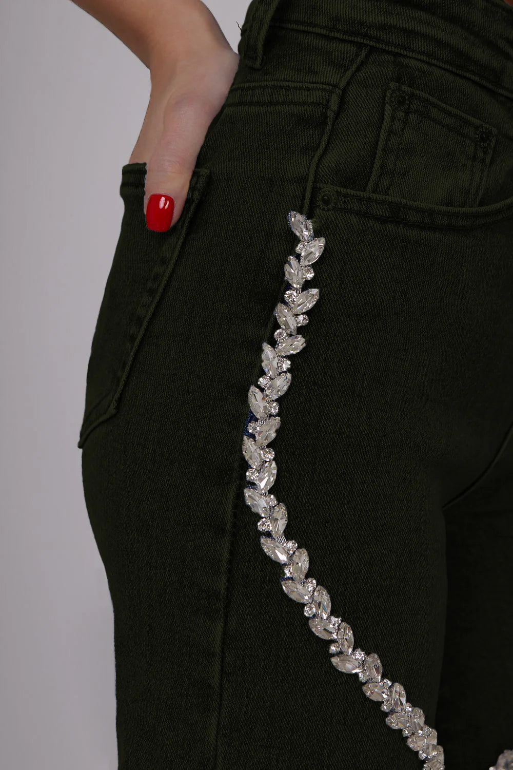 Luna High Rise Rhinestone Embellished Wide Leg Flared Jeans for Women | Bold Glam Statement Denim