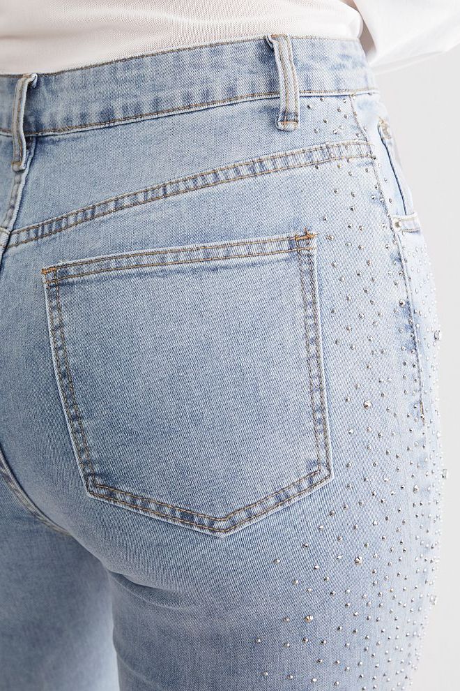 High Rise Rhinestone Embellished Boot Cut Flared Jeans for Women | Ice Blue Trendy Party Denim