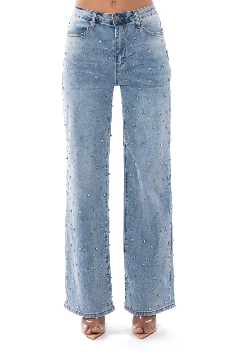 Lumière Rhinestone Embellished Wide Leg Jeans for Women | Glam Sparkle Statement Denim