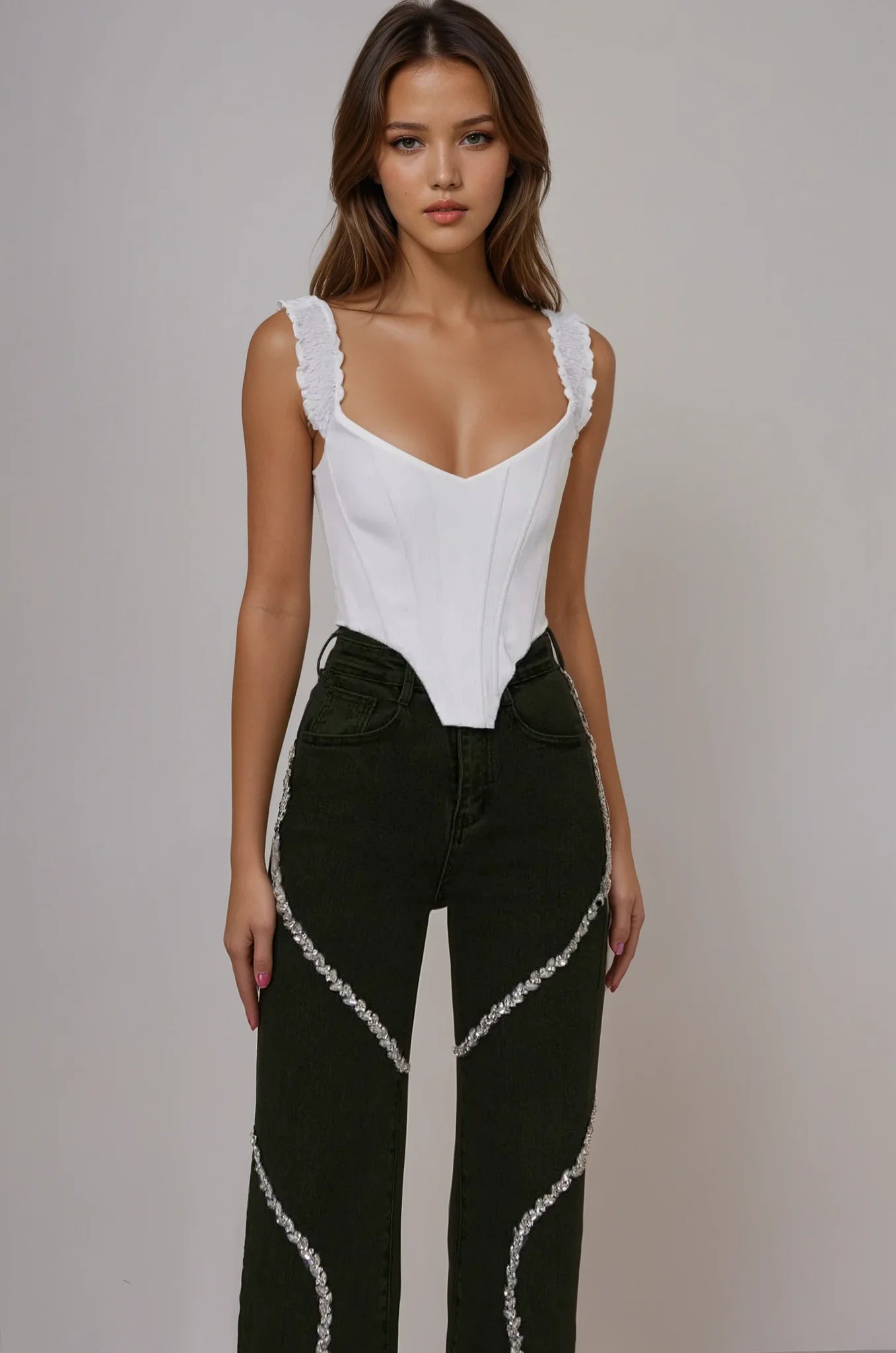 Luna High Rise Rhinestone Embellished Wide Leg Flared Jeans for Women | Bold Glam Statement Denim