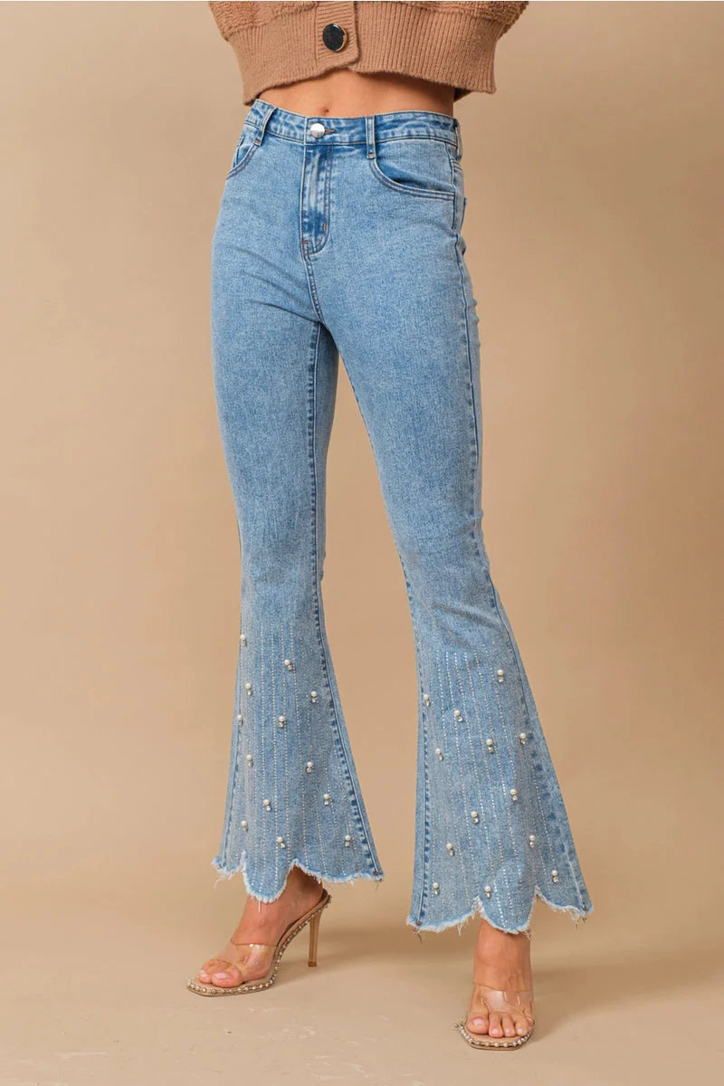 Blossom Belle High Rise Embellished Boot Cut Flared Jeans for Women | Ice Blue Feminine Glam Denim