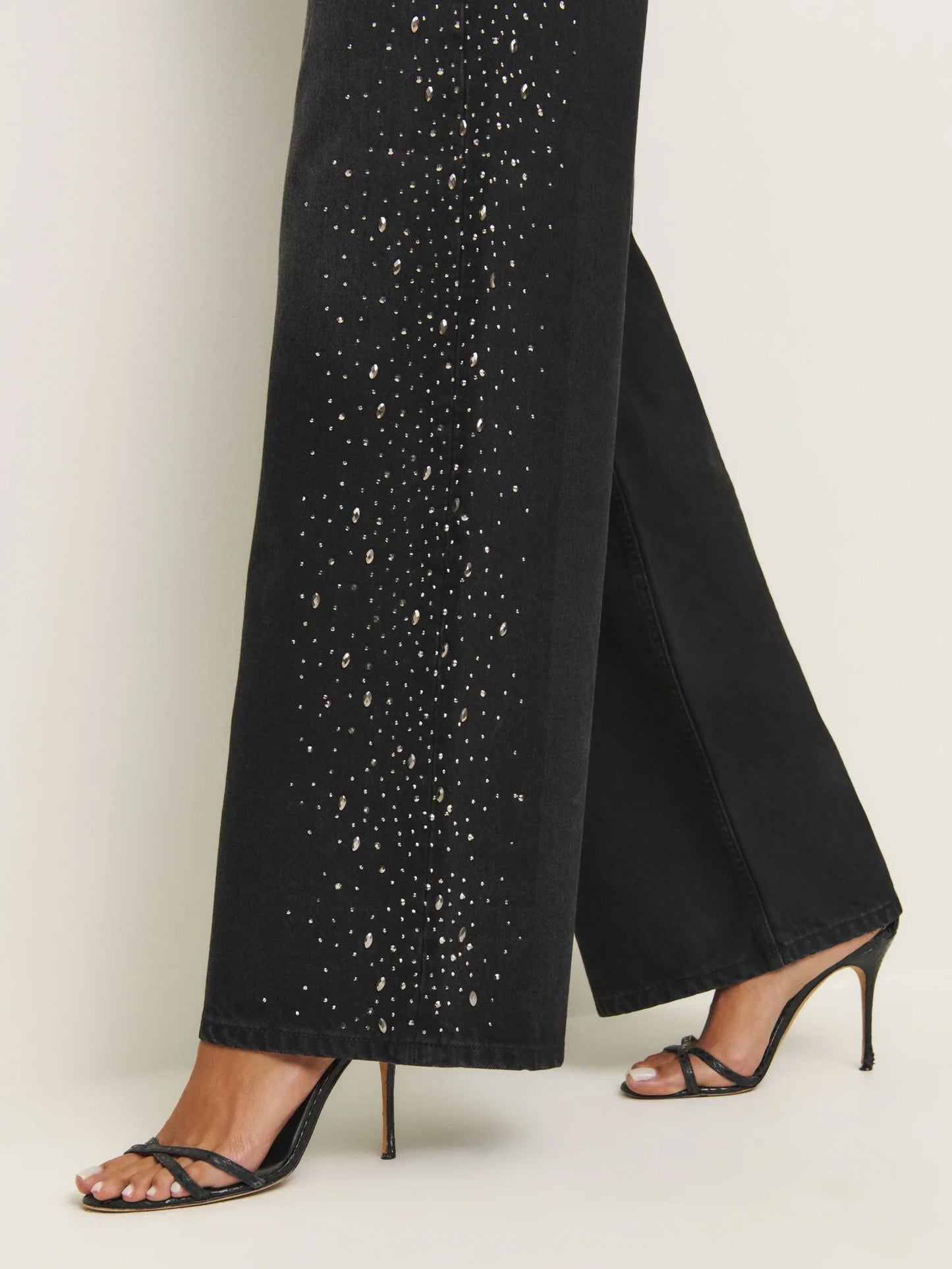 Celeste Noir High Rise Rhinestone Embellished Wide Leg Flared Jeans for Women | Black Night Glam Denim