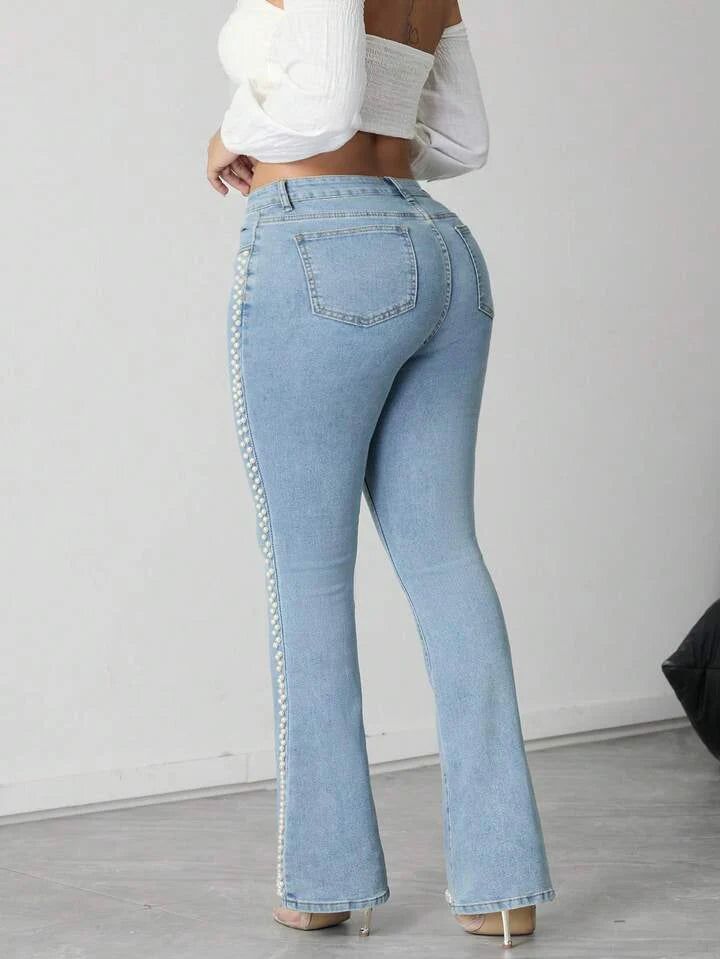 Sophia High Rise Pearl Embellished Boot Cut Jeans for Women | Classic Elegant Flared Denim