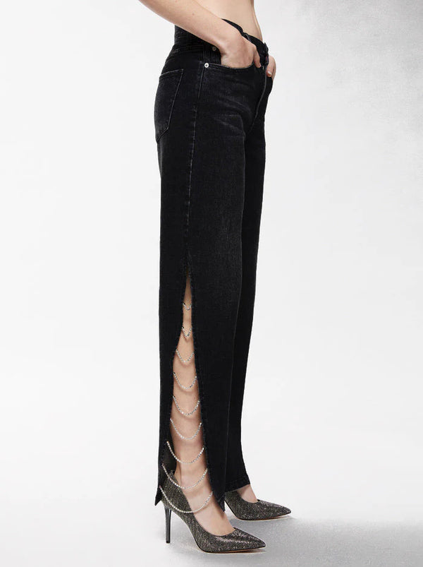 Black Side Slit Rhinestone Embellished Jeans for Women | High Rise Edgy Party Denim