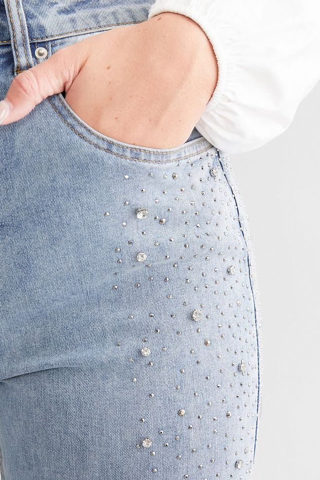 High Rise Rhinestone Embellished Boot Cut Flared Jeans for Women | Ice Blue Trendy Party Denim