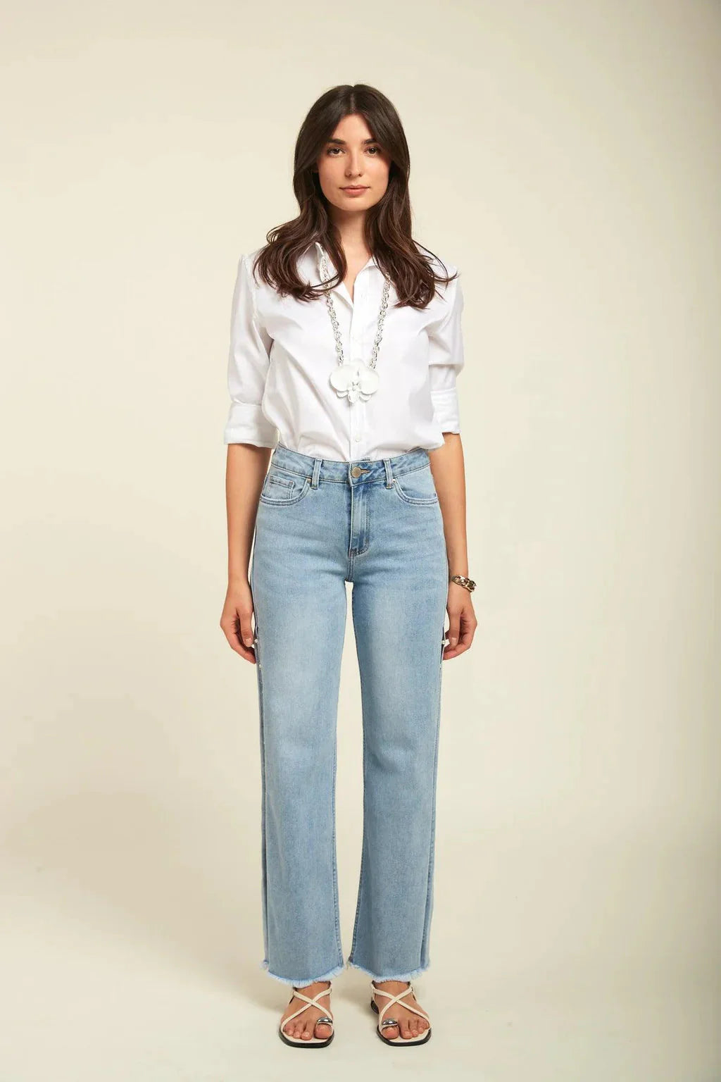 Pearl Slit Wide Leg Jeans for Women | Ice Blue High Rise Statement Slit Denim