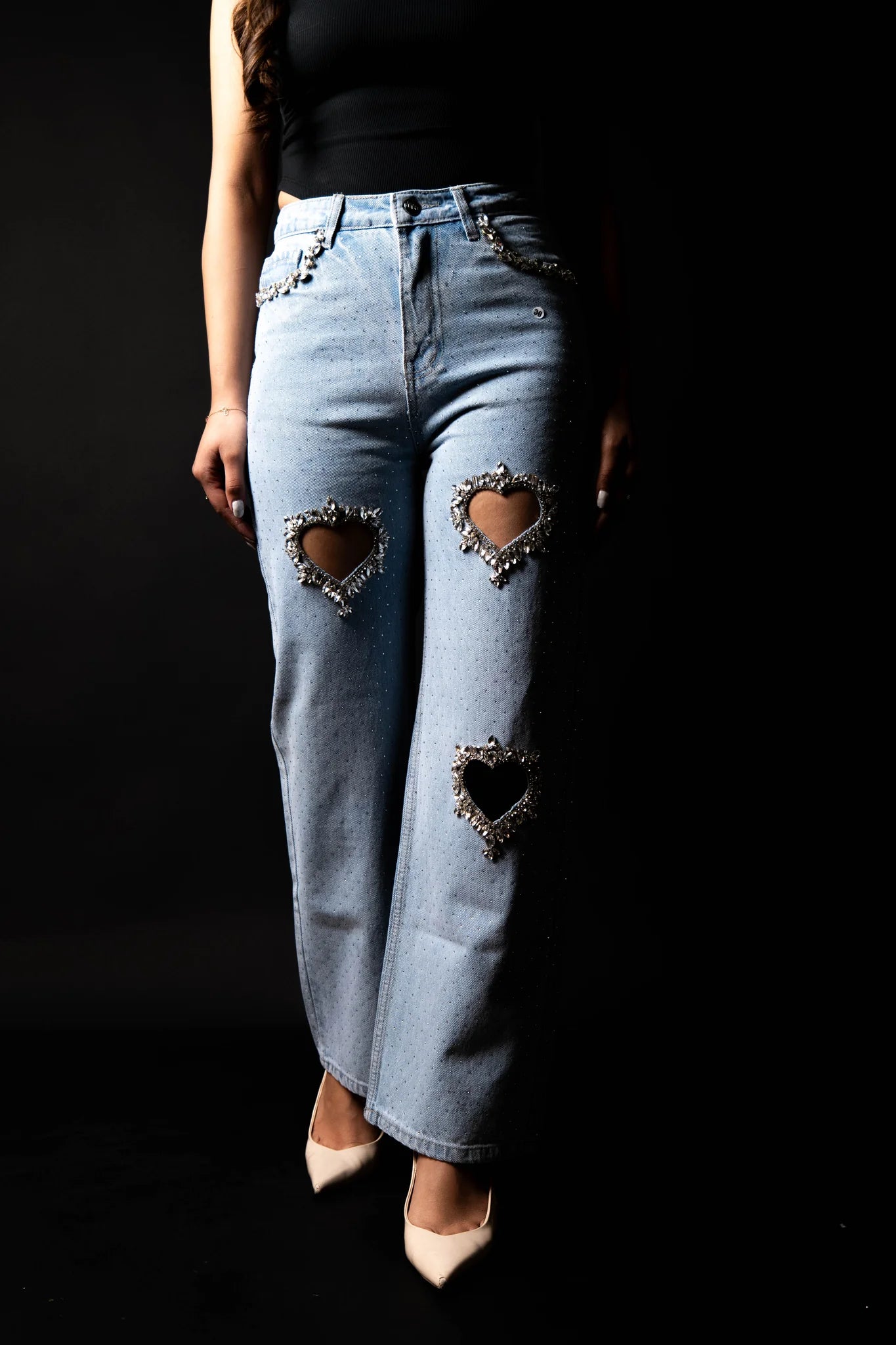 Cupid’s Charm Rhinestone Embellished Cut Out Jeans for Women | Ice Blue Trendy Party Denim