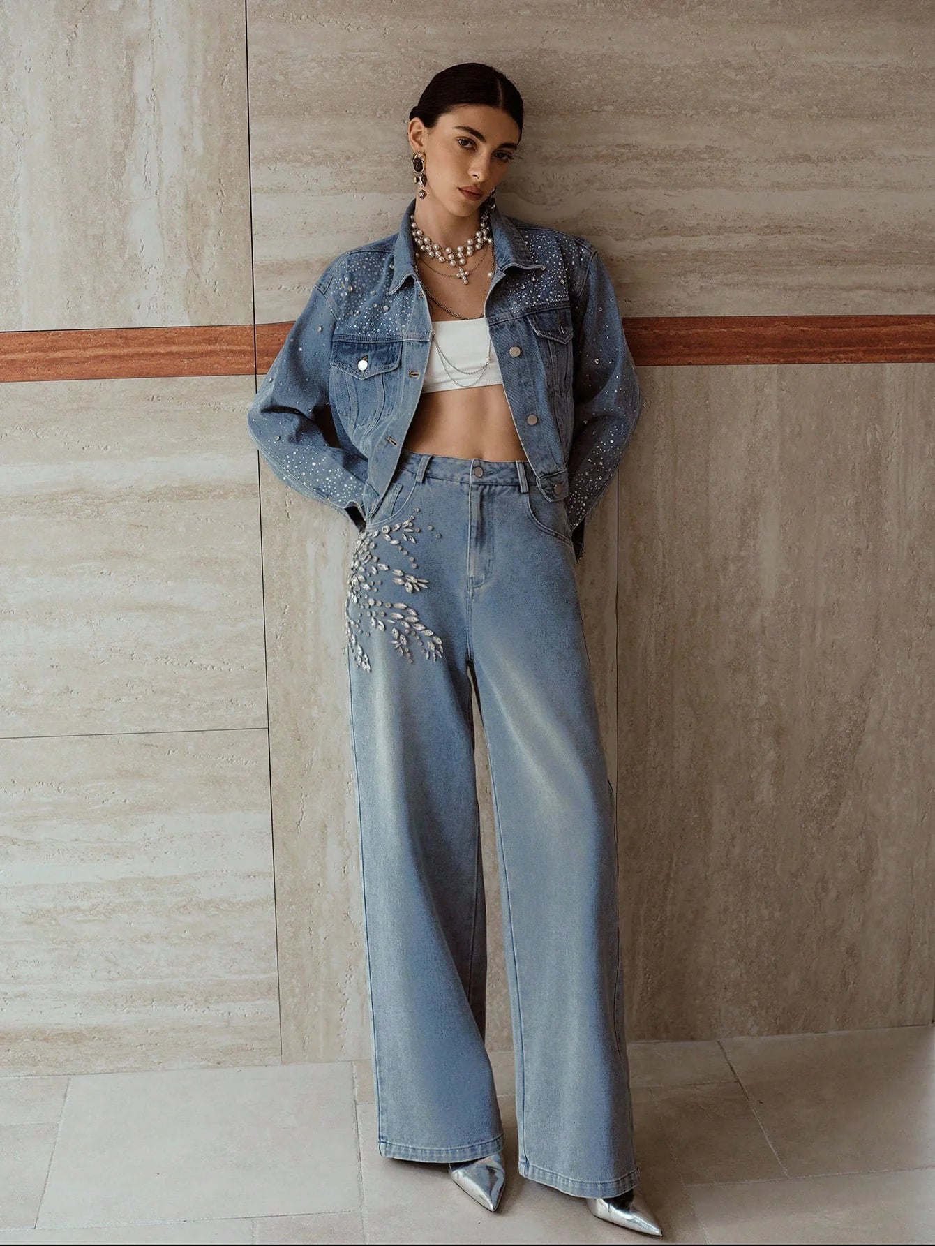 Crystal Vine Rhinestone Embellished Wide Leg Jeans for Women | Ice Blue Sparkly Party Denim