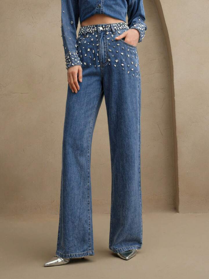 Midnight Dazzle Band Rhinestone Wide Leg Jeans for Women | High Rise Statement Party Denim