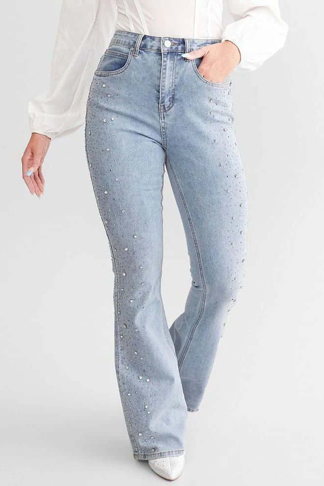 High Rise Rhinestone Embellished Boot Cut Flared Jeans for Women | Ice Blue Trendy Party Denim