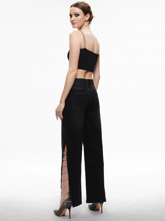 Black Side Slit Rhinestone Embellished Jeans for Women | High Rise Edgy Party Denim