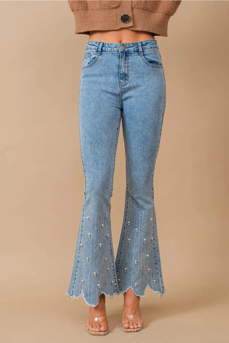 Blossom Belle High Rise Embellished Boot Cut Flared Jeans for Women | Ice Blue Feminine Glam Denim