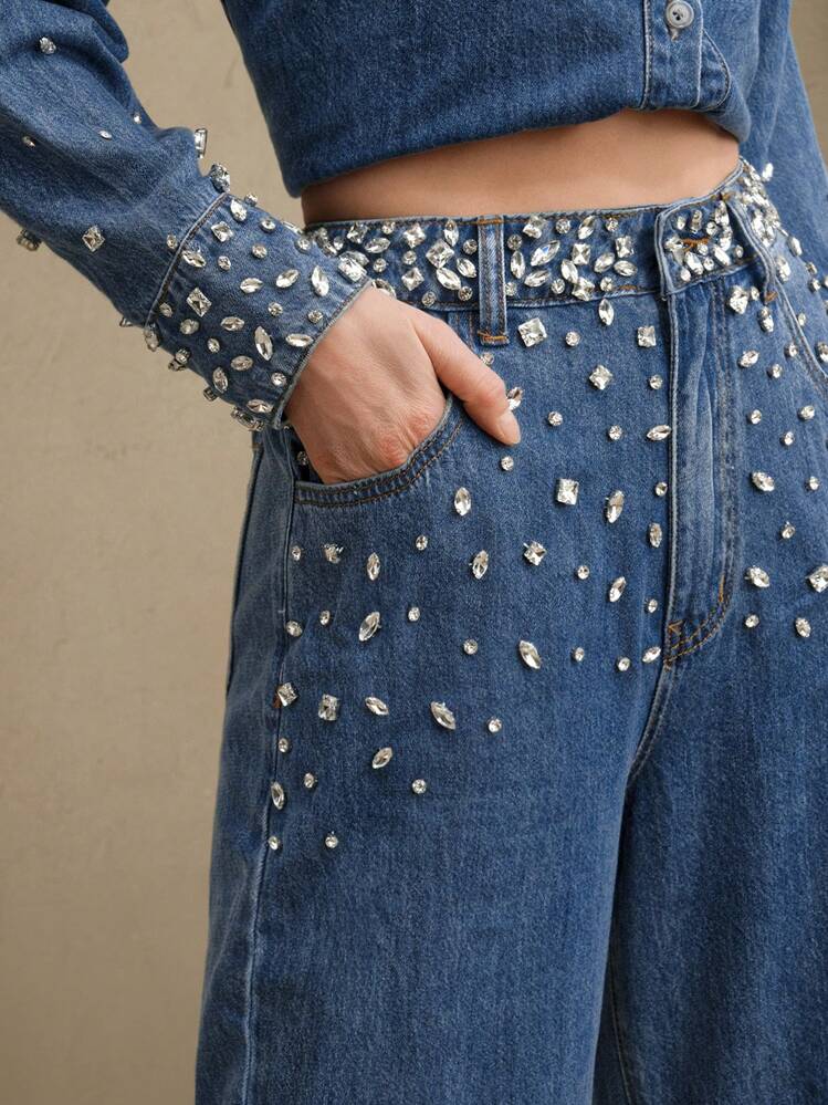Midnight Dazzle Band Rhinestone Wide Leg Jeans for Women | High Rise Statement Party Denim
