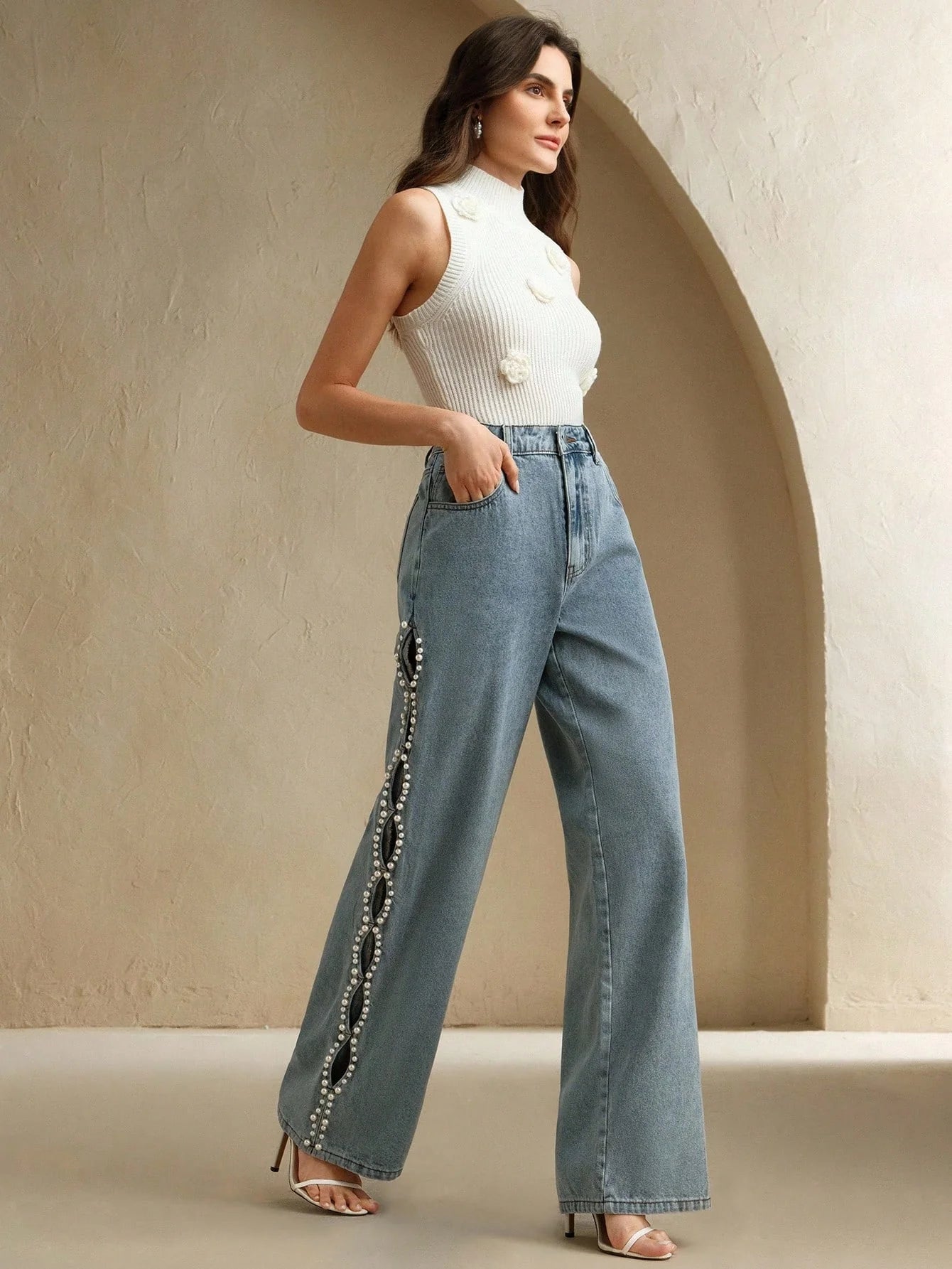 Ophelia Pearl Embellished Wide Leg Jeans for Women | Ice Blue Romantic Chic Denim
