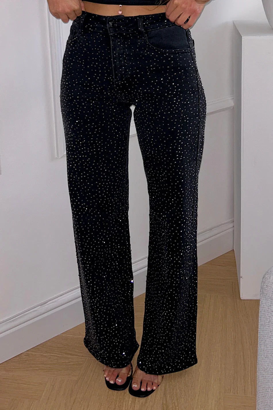 Lunar Lava Rhinestone Embellished Wide Leg Jeans for Women | Dark Glam Statement Denim