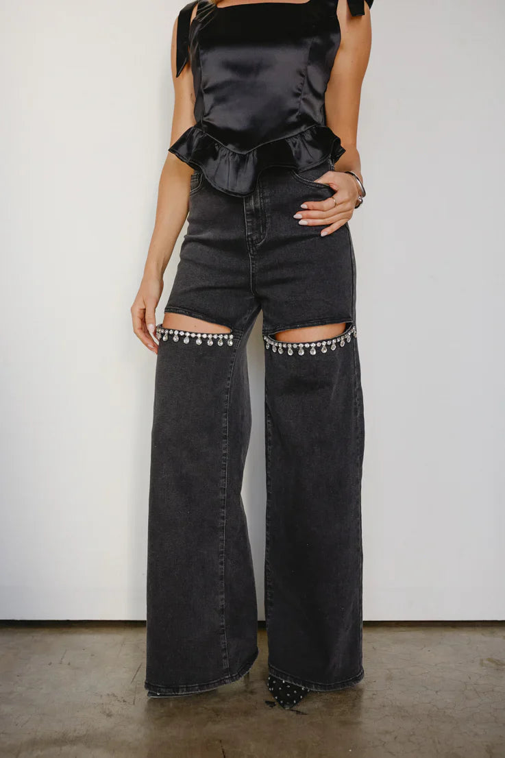 Obsession Noir Embellished Wide Leg Cut Out Jeans for Women | Black Bold Statement Party Denim