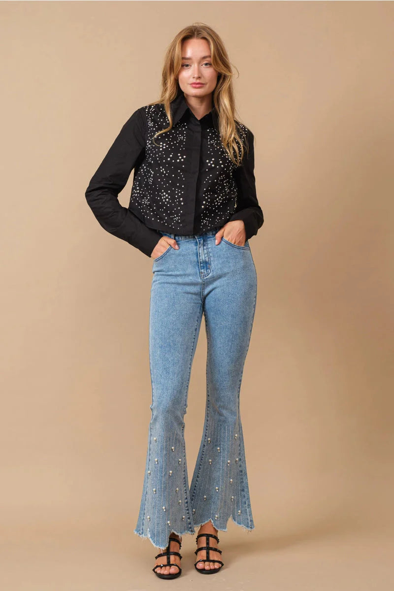 Blossom Belle High Rise Embellished Boot Cut Flared Jeans for Women | Ice Blue Feminine Glam Denim