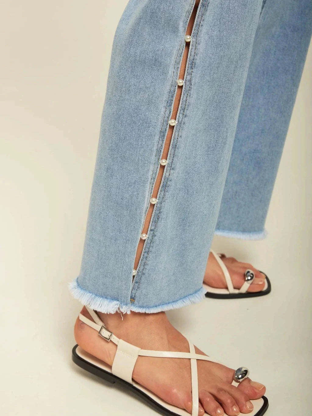 Pearl Slit Wide Leg Jeans for Women | Ice Blue High Rise Statement Slit Denim
