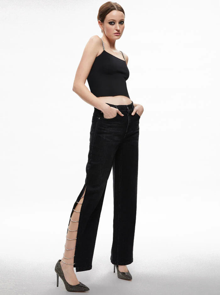 Black Side Slit Rhinestone Embellished Jeans for Women | High Rise Edgy Party Denim