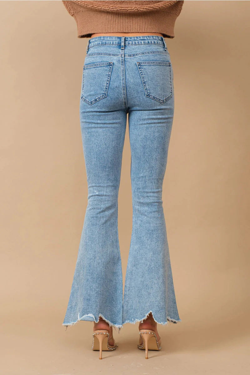 Blossom Belle High Rise Embellished Boot Cut Flared Jeans for Women | Ice Blue Feminine Glam Denim