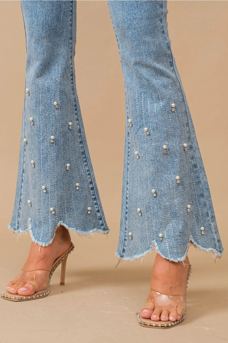Blossom Belle High Rise Embellished Boot Cut Flared Jeans for Women | Ice Blue Feminine Glam Denim