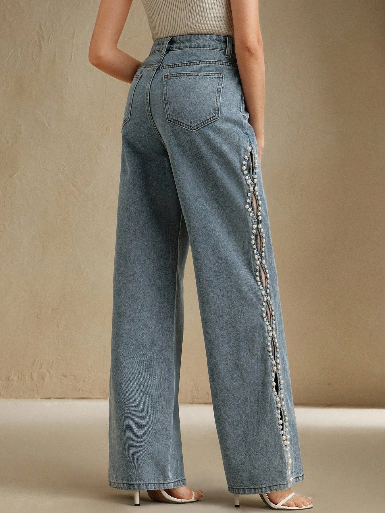Ophelia Pearl Embellished Wide Leg Jeans for Women | Ice Blue Romantic Chic Denim