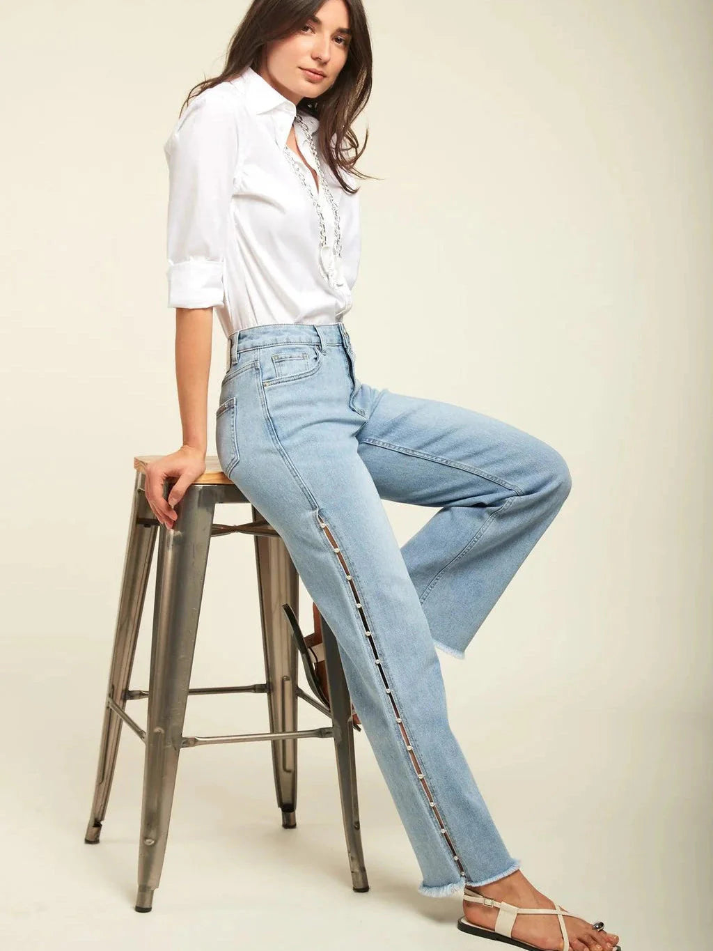 Pearl Slit Wide Leg Jeans for Women | Ice Blue High Rise Statement Slit Denim