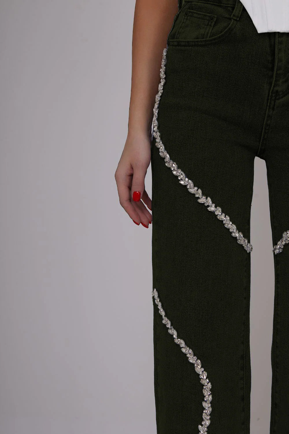 Luna High Rise Rhinestone Embellished Wide Leg Flared Jeans for Women | Bold Glam Statement Denim