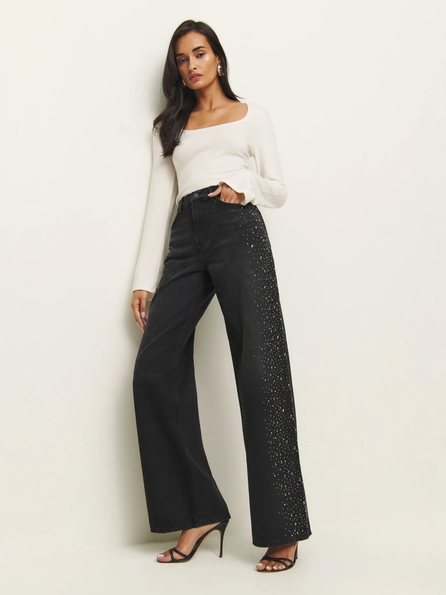 Celeste Noir High Rise Rhinestone Embellished Wide Leg Flared Jeans for Women | Black Night Glam Denim