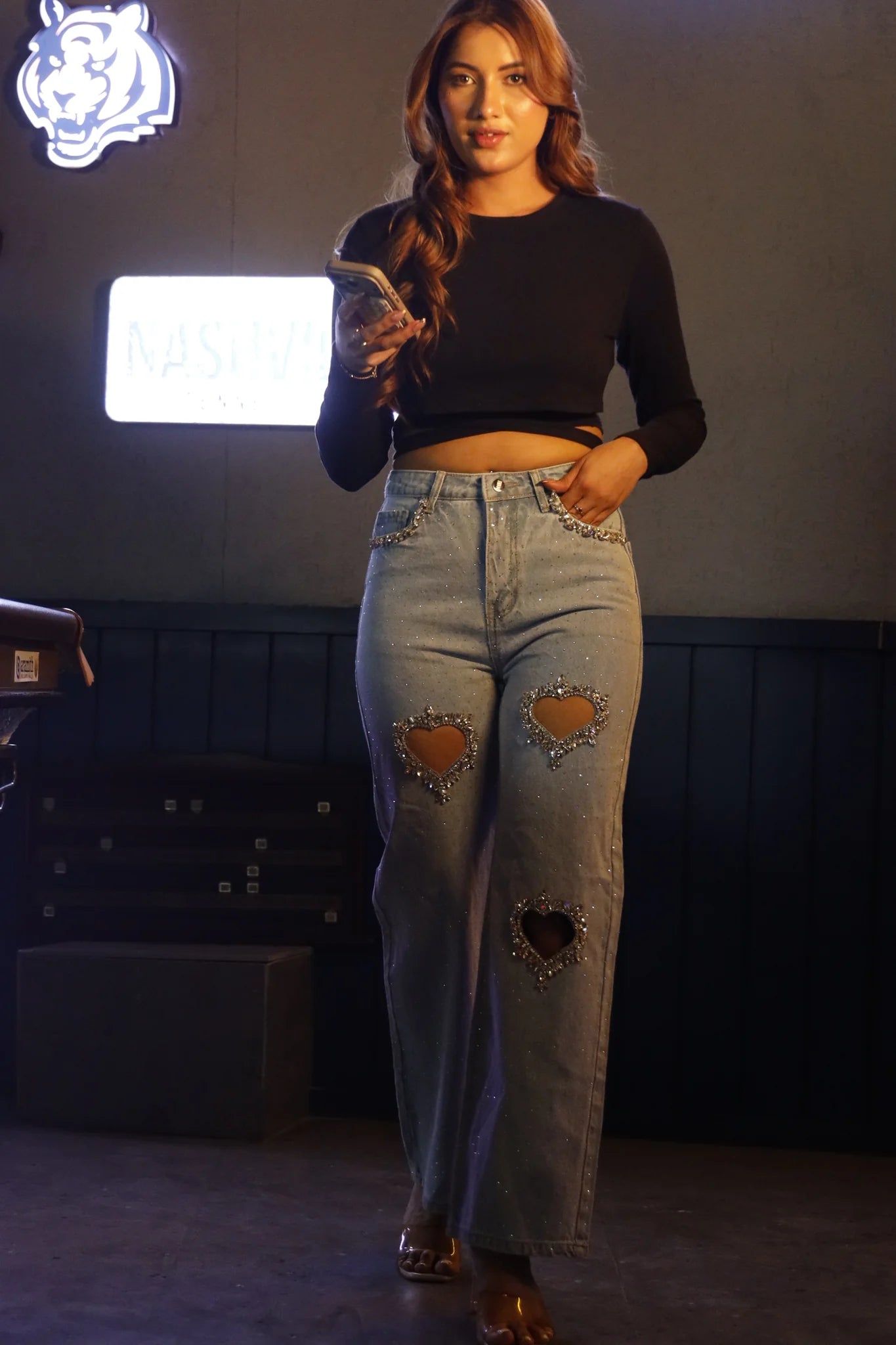 Cupid’s Charm Rhinestone Embellished Cut Out Jeans for Women | Ice Blue Trendy Party Denim