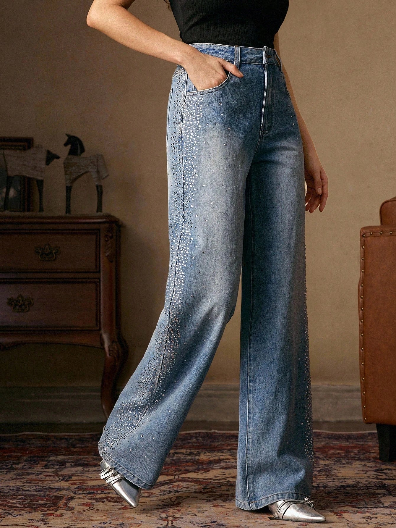 Mira Rhinestone Embellished Wide Leg Jeans for Women | Ice Blue Effortless Glam Denim